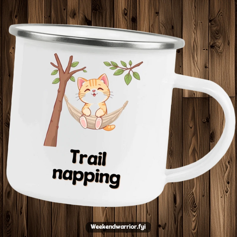 Funny kawaii cat camping mug, setting up a tiny hammock between branches, outdoorsy and cheerful.