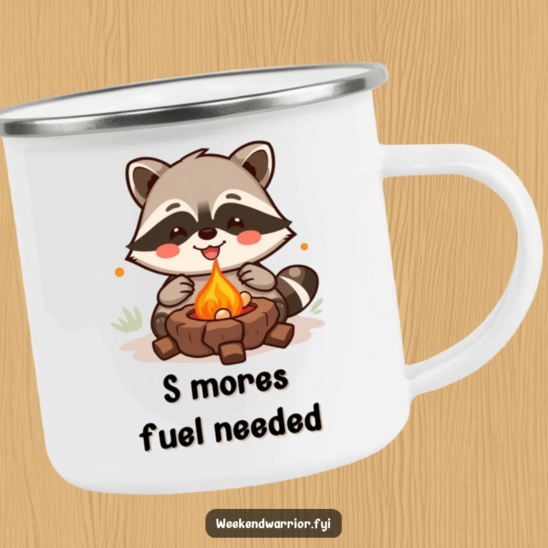 Funny Kawaii Raccoon Camping Mug with a joyful grilling character, perfect for humorous outdoor culinary enjoyment. Great funny gift.