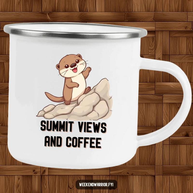 Funny enamel camping mug featuring a joyful otter making its way up a rocky incline, ready for adventure.