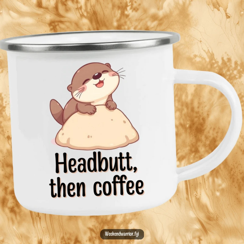 Funny otter camping mug showing a playful otter gleefully headbutting into a soft mound, perfect for enjoying drinks in nature.