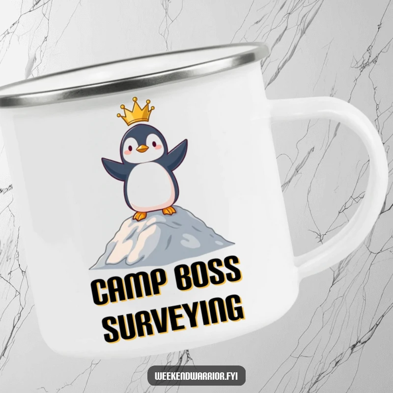 Funny enamel camping mug featuring a proud penguin surveying its domain from a hilltop, ideal for outdoor command.