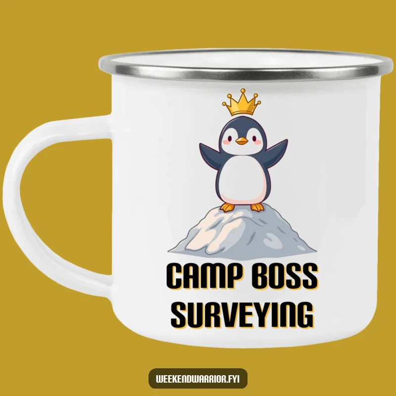 Funny Penguin King Camping Mug: Victorious Campfire Mug, Hilarious Outdoor Gift