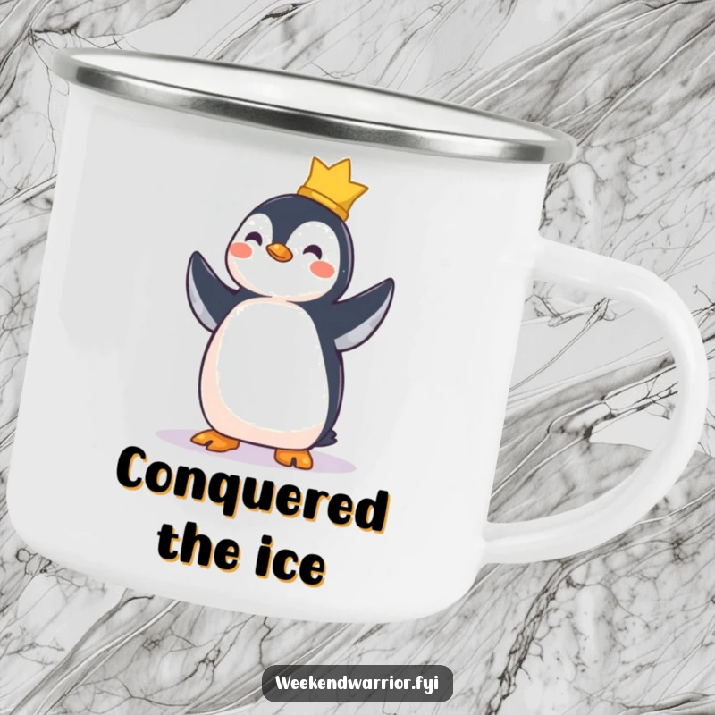 Funny camping mug with a proud penguin standing tall, celebrating a successful outdoor task.