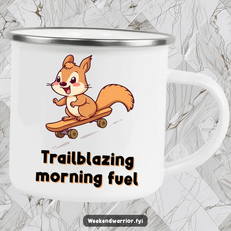 Funny squirrel character joyfully skateboarding downhill, featured on a rugged camping mug for outdoor enthusiasts' amusement.