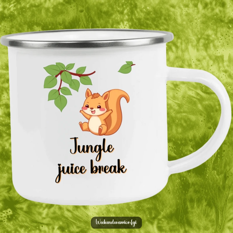 Funny Squirrel Camping Mug with a squirrel swinging from a vine with a grin, ready for outdoors.