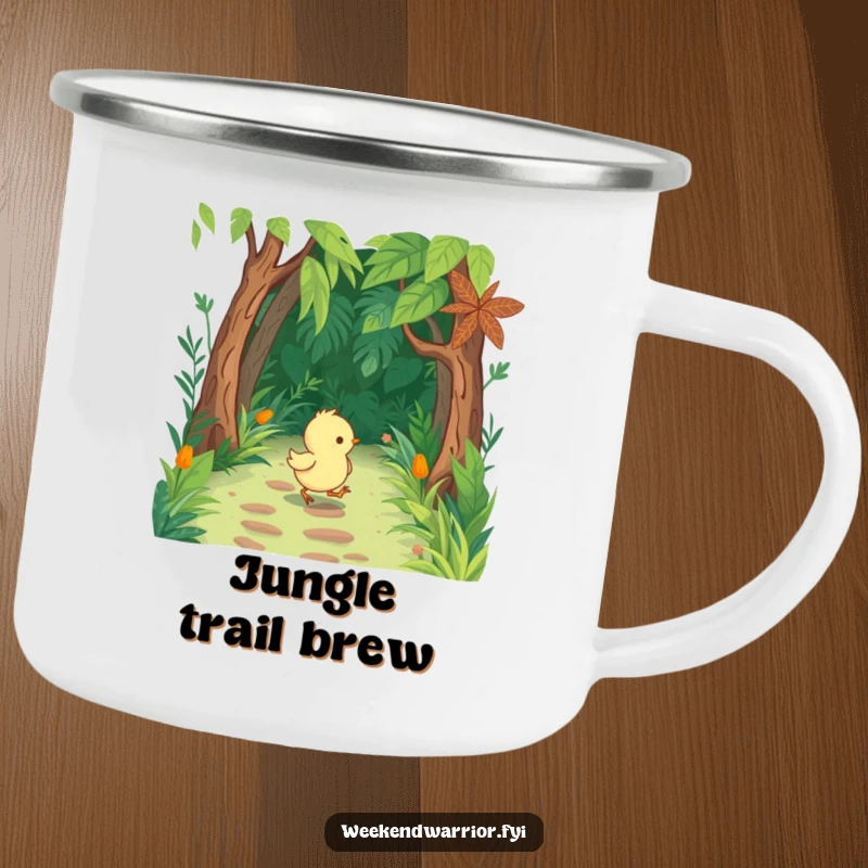Funny Chick Camping Mug with tiny boots, marching through a lush jungle path, ready for outdoors.