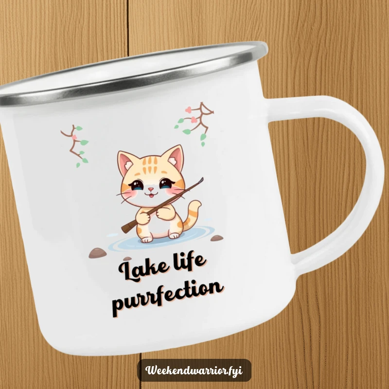 Funny camping mug featuring a smiling cat character fishing by a lake, ideal for outdoor lovers who enjoy a relaxed pace.