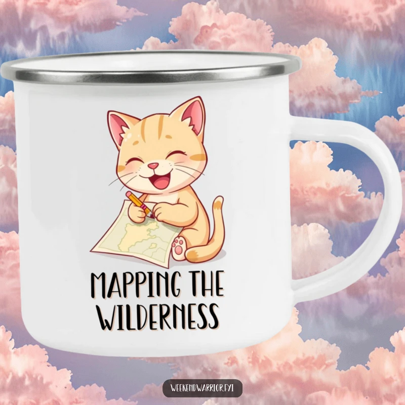 Funny cat camping mug featuring a delighted feline sketching a map with a tiny pencil, perfect for creative outdoor enthusiasts.