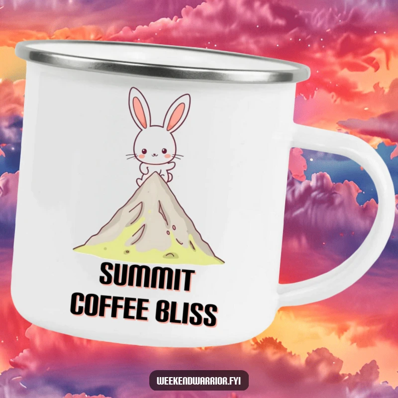 Funny Kawaii rabbit camping mug featuring a happy hiking character reaching a mountain peak, ready for outdoor adventures and warm drinks.