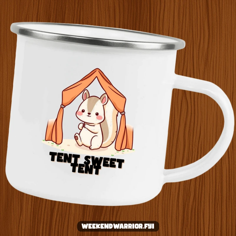 Funny Kawaii squirrel character setting up a small tent on a durable camping mug, looking ready for adventure.