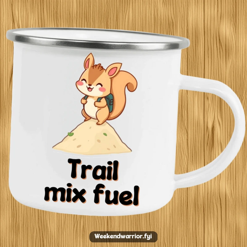 Funny camping mug: A cheerful squirrel with a backpack scaling a hill, perfect for outdoor enjoyment.