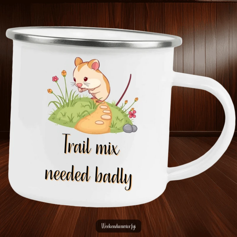 Funny hamster camping mug showing a curious rodent exploring a tiny, overgrown path, ideal for outdoor adventures and warm drinks.