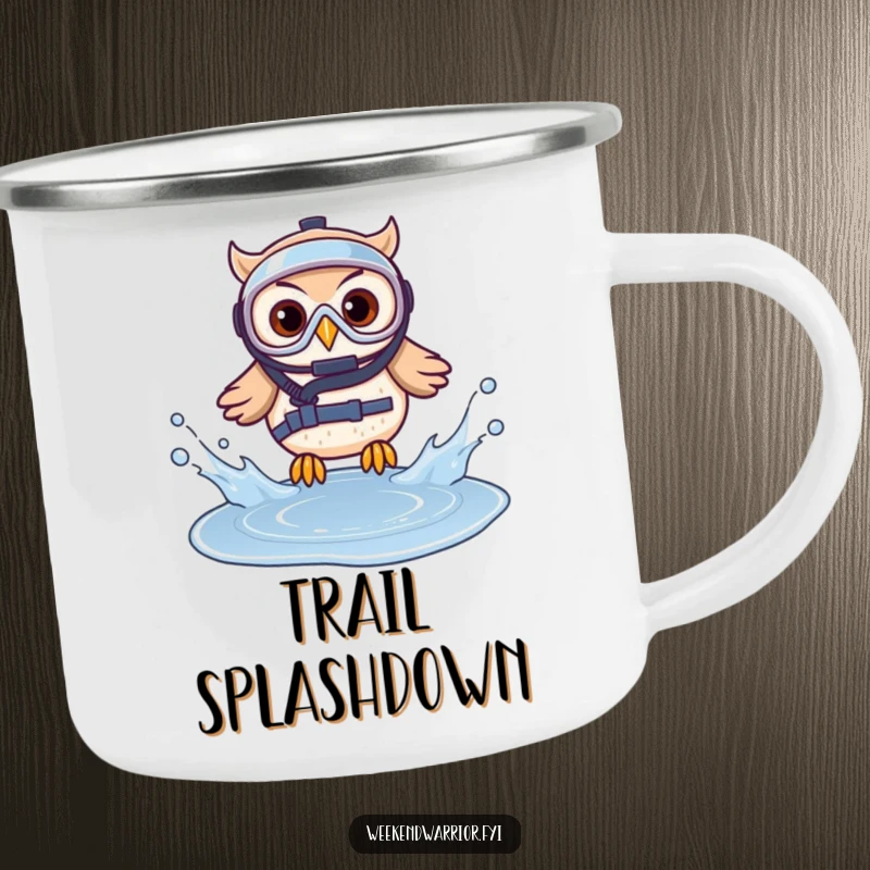 Funny camping mug with a brave owl in diving gear splashing into a puddle, perfect for outdoor enthusiasts.