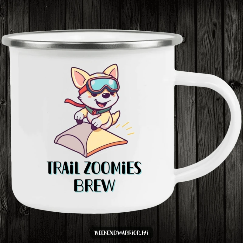 Funny camping mug showing a smiling dog wearing goggles and zipping down a small ramp, perfect for outdoor fun.