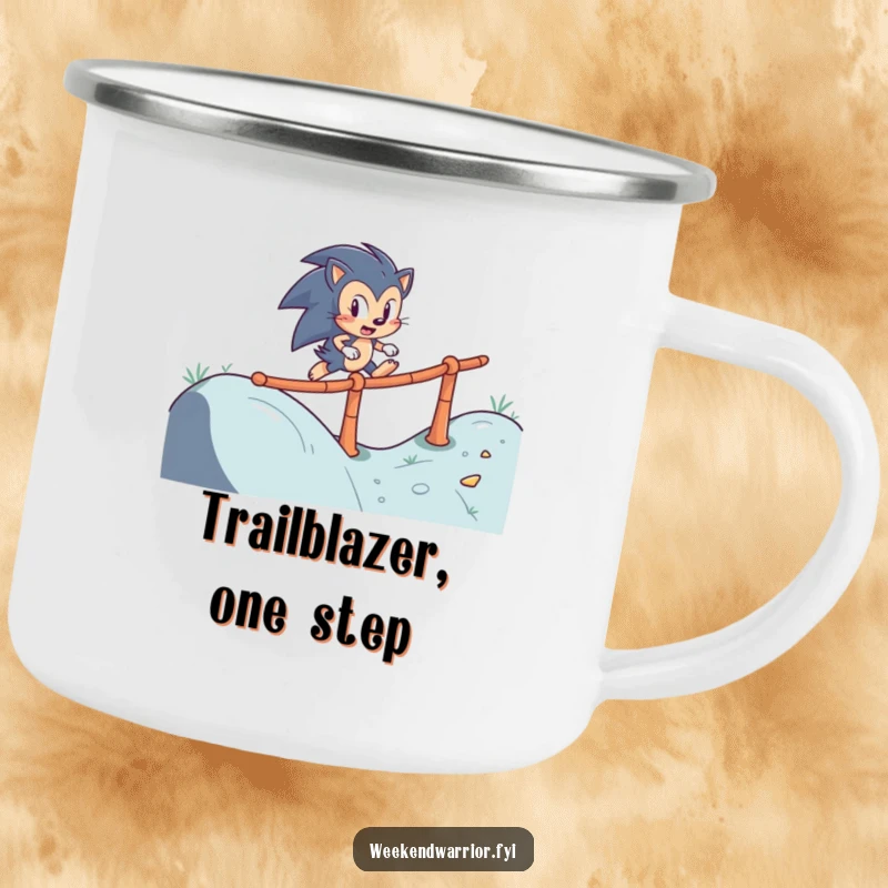 Funny camping mug with a determined hedgehog character skillfully navigating a winding obstacle course, perfect for outdoor adventures.