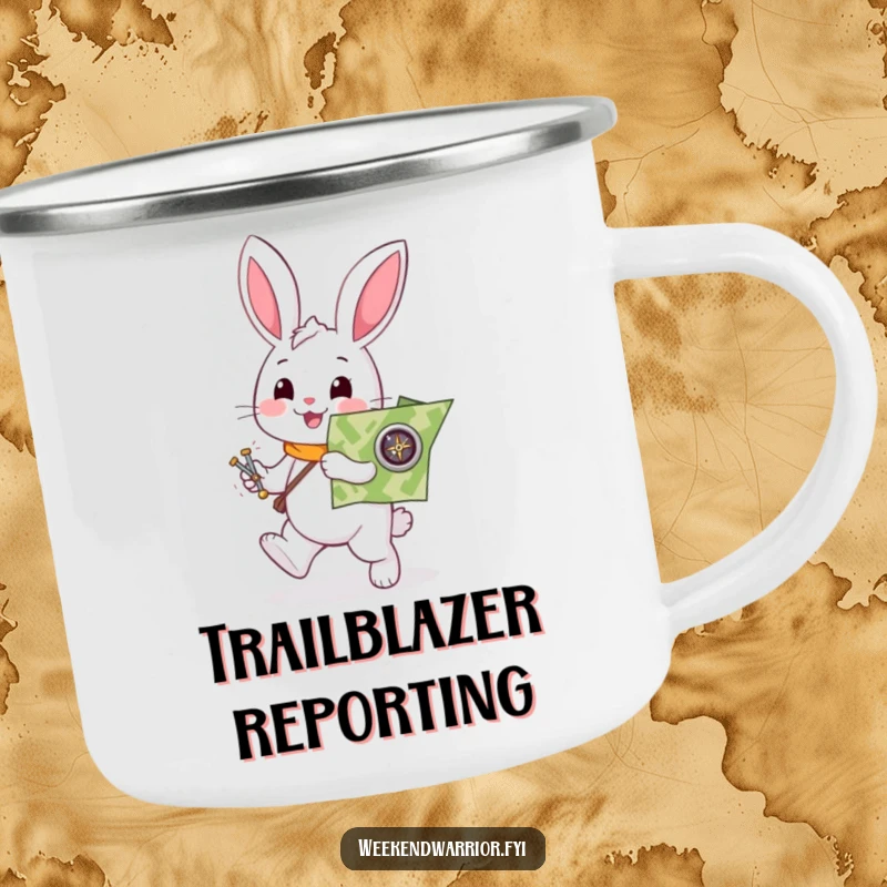 Funny rabbit camping mug with a helpful white character enthusiastically holding a map and compass, for humorous adventures.