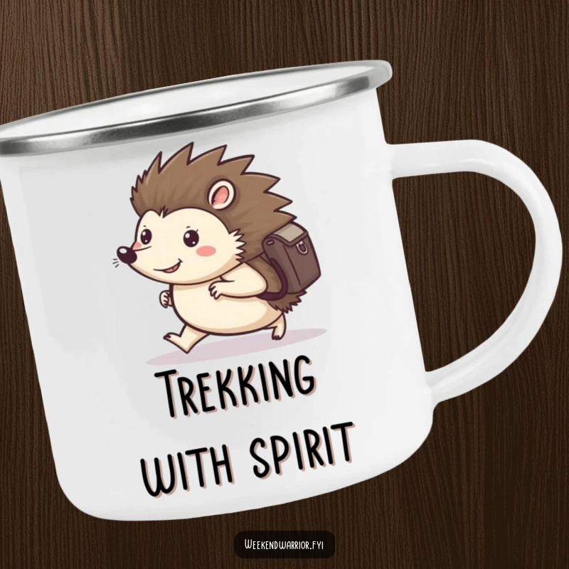 Funny camping mug featuring a happy hedgehog with a backpack, marching forward with determination, ideal for trailside brews.