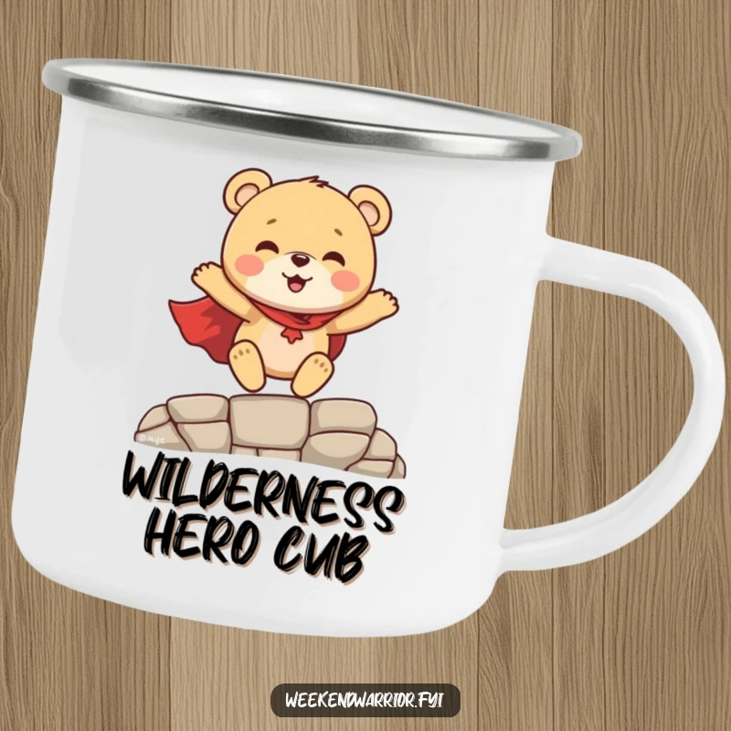 Funny Superhero Bear Cub Camping Mug, a happy bear cub in a cape mid-leap, perfect for outdoor drinks and heroic moments.