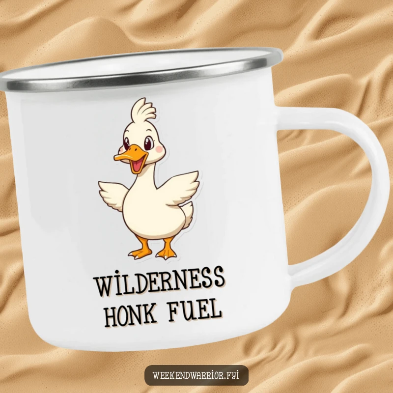 Funny goose camping mug with an enthusiastic goose character ready for a tough challenge, perfect for outdoor trips.