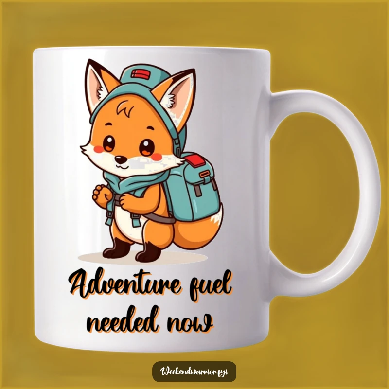 Funny Fox Camper Mug: Playful backpack fox on a hilarious adventure, perfect funny gift.