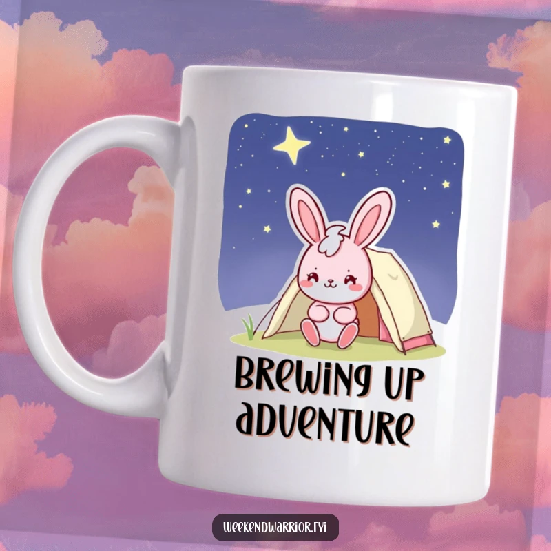 Funny bunny mug with a cheerful pink character confidently smiling while setting up a tent under a starry night sky, humorous camping gift.