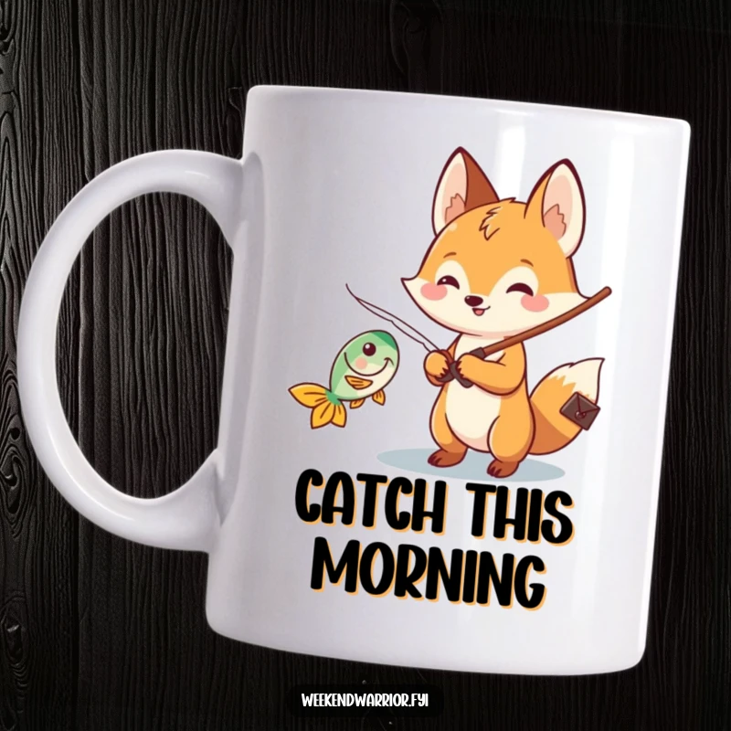 Funny Kawaii fox mug featuring a cheerful character enthusiastically reeling in a fish, celebrating a successful fishing trip.
