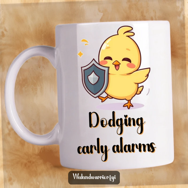 Funny chick mug with a giggling yellow character holding a tiny shield, playfully dodging invisible attacks, cheerful and humorous.