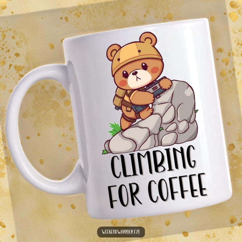 Funny bear mug showing a determined grizzly bear in combat gear scaling a steep rock face with focus, ideal for outdoor enthusiasts.