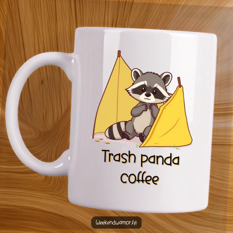 Funny Brave Raccoon Mug showing a determined raccoon skillfully patching a tear in a tent, perfect for coffee lovers.