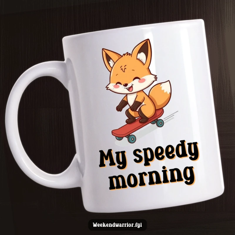 Funny mug featuring a cheerful fox joyfully riding a tiny skateboard downhill, embodying pure freedom and a mischievous grin.