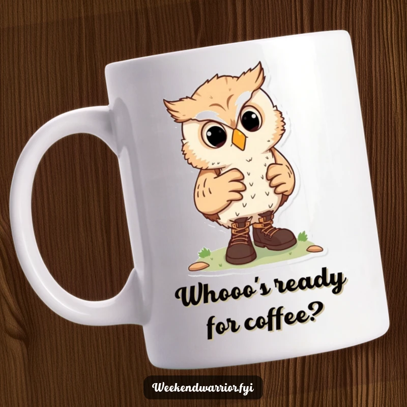 Funny mug featuring a curious owl character adjusting hiking boots, ready for an outdoor adventure with keen eyes.