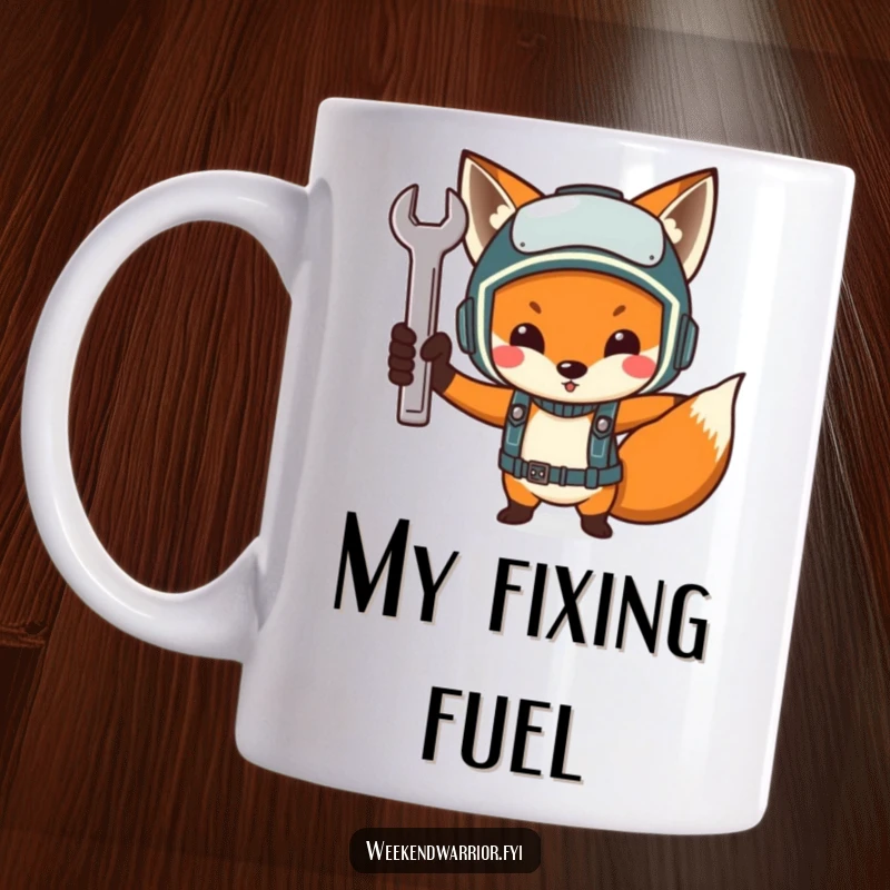 Funny Determined Fox Mechanic Mug, a fox in a helmet triumphantly holding up a tiny wrench, symbolizing skill and humor.