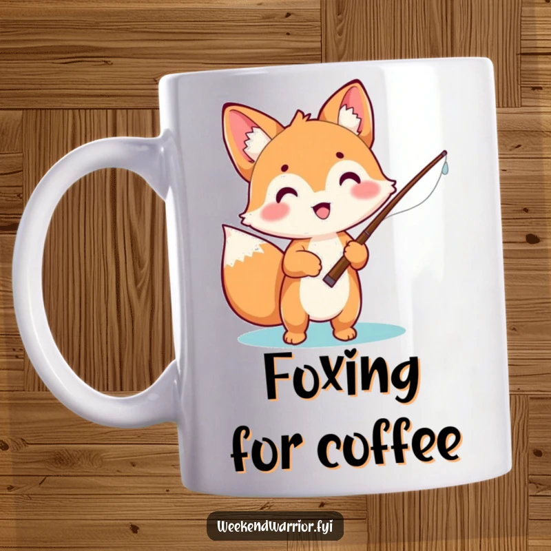 Funny mug showcasing a cute, excited kawaii fox holding a fishing rod, anticipating a big catch with joyful enthusiasm.