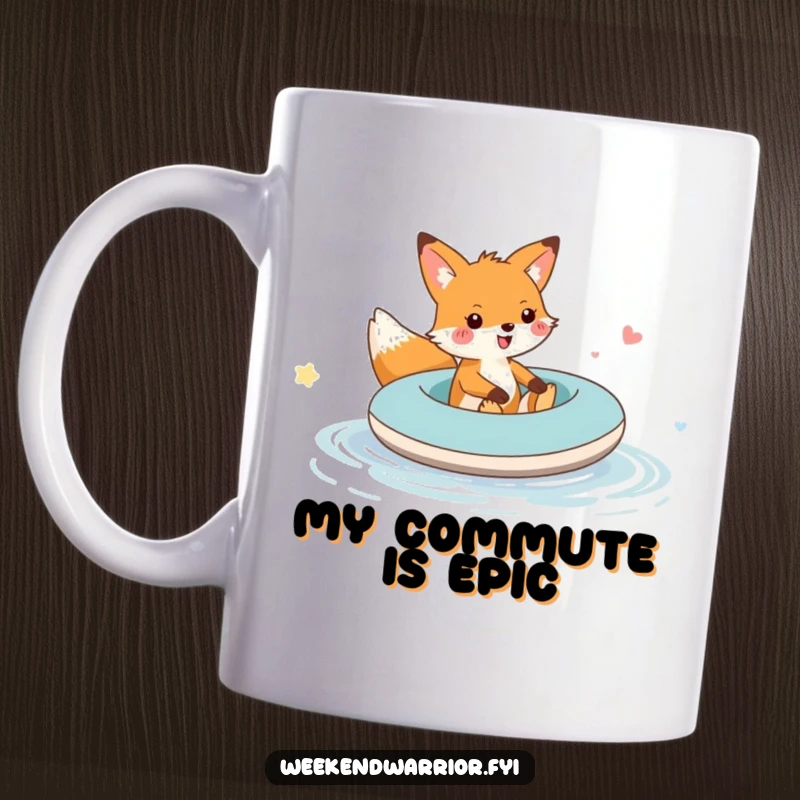 Funny fox raft mug showing a cheerful fox happily riding an inflatable raft across a small puddle, conveying lighthearted fun.