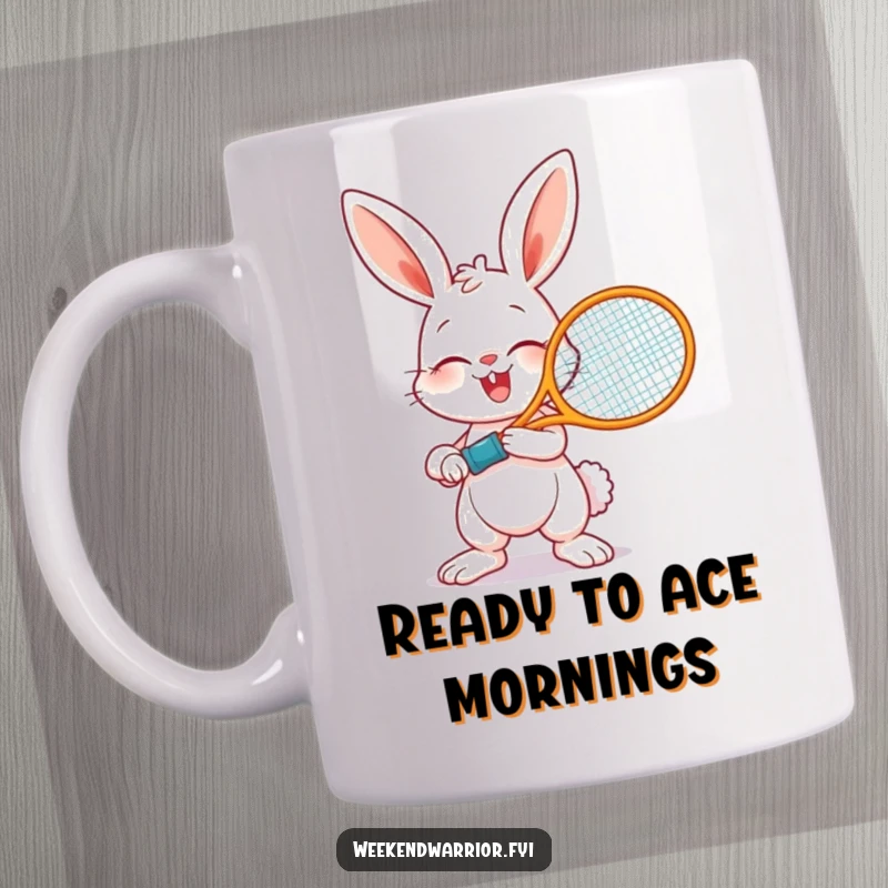 Funny mug featuring a giggling bunny holding a tennis racket, poised to swing with enthusiastic determination and a love for the game.