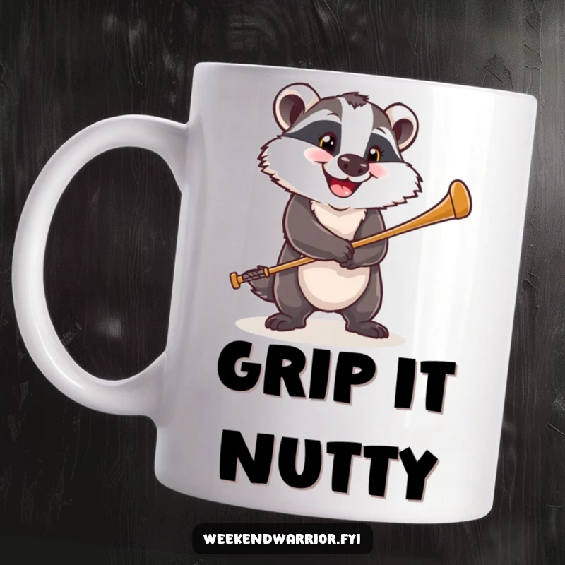 Funny mug featuring a happy badger with a determined grin, swinging a golf club, ready to play a great game.