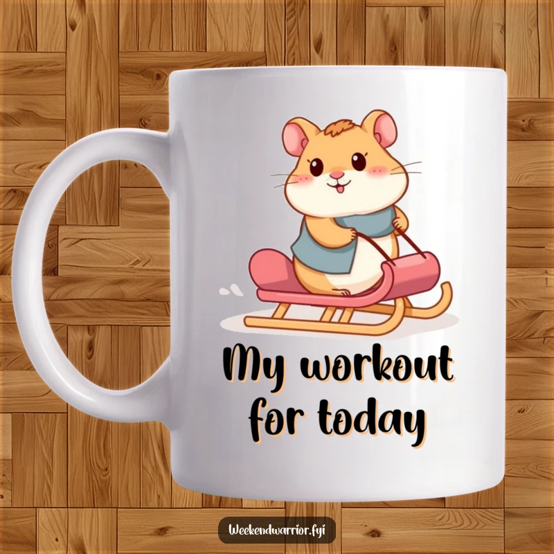 Funny hamster mug featuring a proud hamster pushing a loaded sled up a gentle slope, embodying determination and hard work.