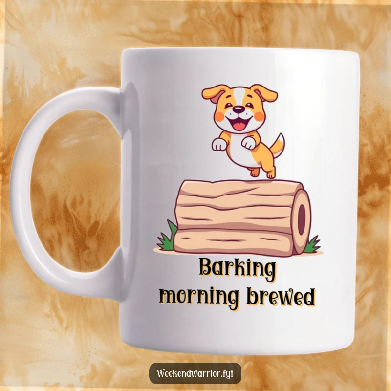 Funny Happy Dog Mug showing a cheerful dog performing a spectacular jump over a log, perfect for dog moms and dads.
