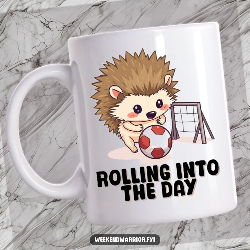 Funny mug depicting a determined hedgehog rolling a small ball towards a makeshift goal, showcasing focus and sportiness.