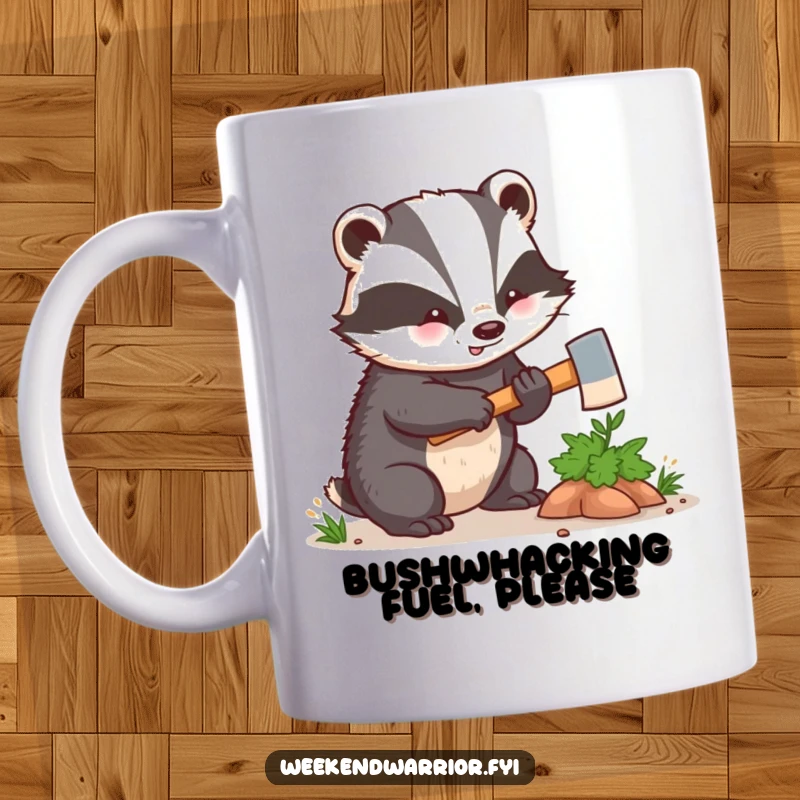 Funny kawaii badger with a tiny axe enthusiastically hacking a small bush, capturing a moment of woodland determination and humor. A cute gift.