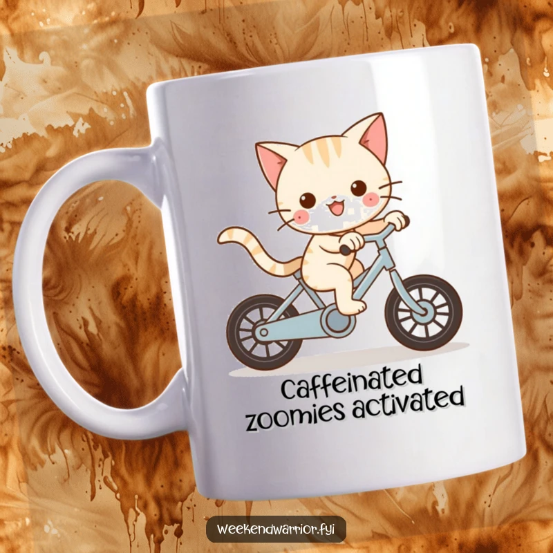 Funny Kawaii cat character playfully riding a bike at great speed on a mug, looking exhilarated.