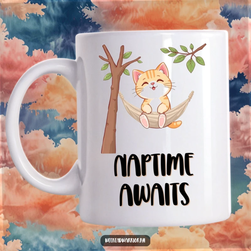 Funny kawaii cat mug, setting up a tiny hammock between branches, looking relaxed and happy.