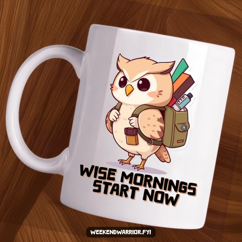 Funny Kawaii Owl Mug featuring a curious character with a backpack, ready for adventure and humorous discovery. Perfect funny gift.