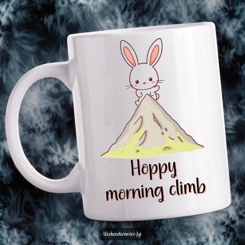 Funny Kawaii rabbit mug featuring a happy character energetically hiking up a mountain peak, celebrating the joy of the climb.