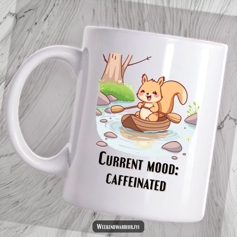 Funny kawaii squirrel joyfully paddling a small raft down a stream, printed on a mug. A cheerful and humorous nature design.
