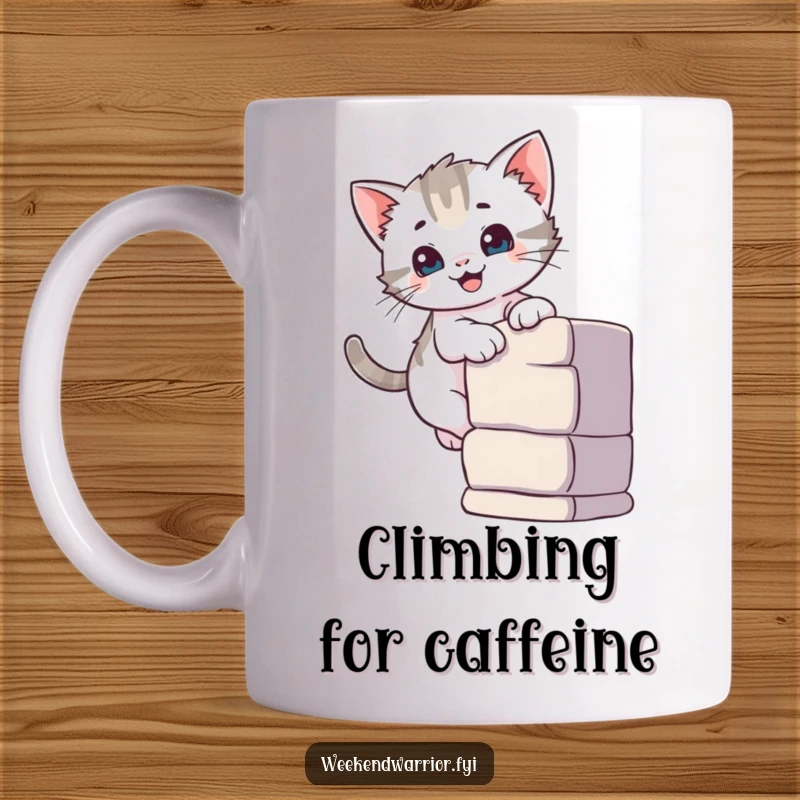 Funny mug showcasing a curious kitten smiling while scaling a small climbing wall, depicting playful feline exploration.