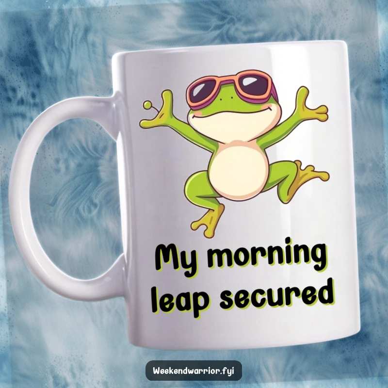 Funny mug featuring a green frog with goggles, mid-leap, smiling victoriously after a perfect jump.