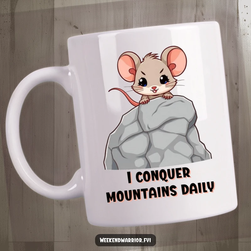 Funny mug featuring a brave mouse character scaling a miniature, cartoonish rock face with unwavering determination, inspiring a sense of accomplishment.
