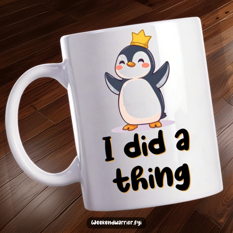 Funny mug featuring a proud penguin standing tall and smiling after successfully completing a difficult task.