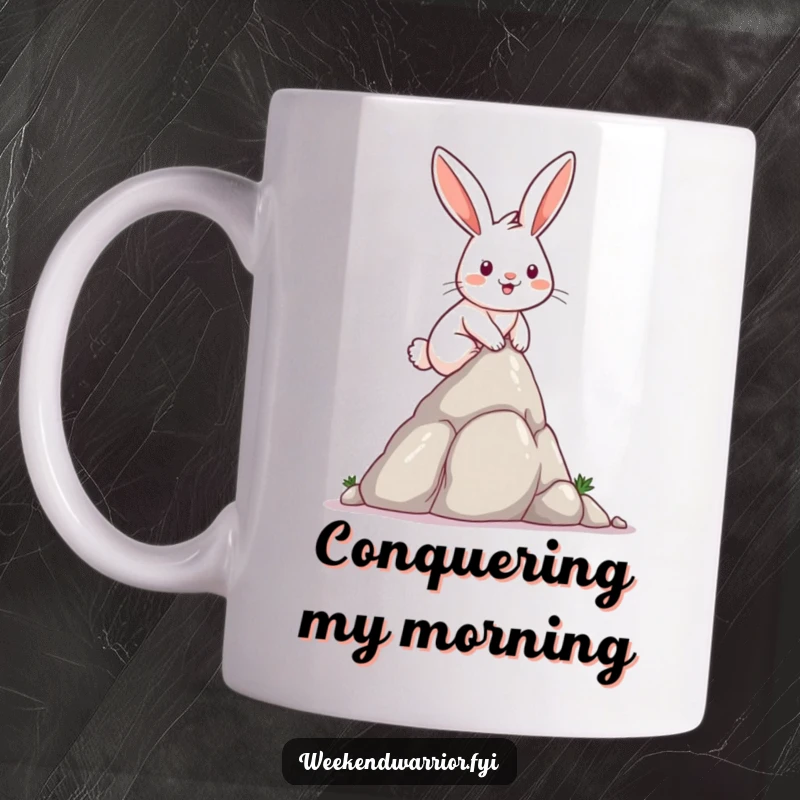 Funny determined rabbit with a satisfied smile, climbing a small rock formation on a humorous mug.